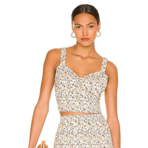 Minkpink Surrey Crop Top Cream Yellow Floral Side Zip Smocked Medium NWT Boho - Picture 1 of 12